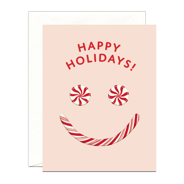 Peppermint Candy Cane Smiley Face Winter Holiday Card