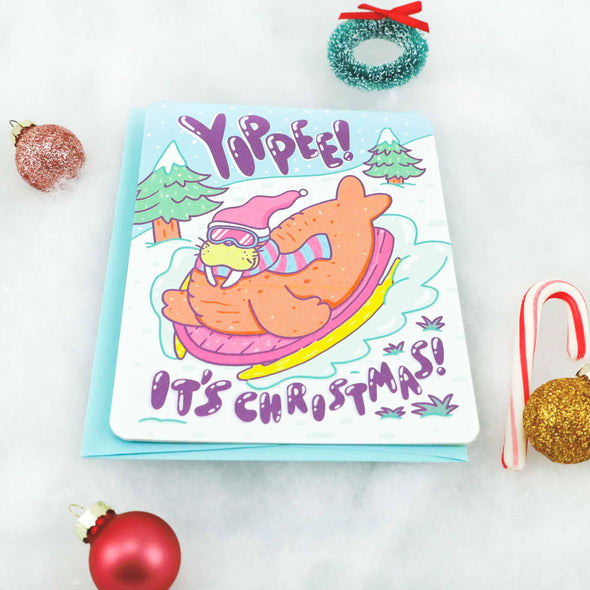 Walrus Sledding Snow Winter Holiday Christmas Card