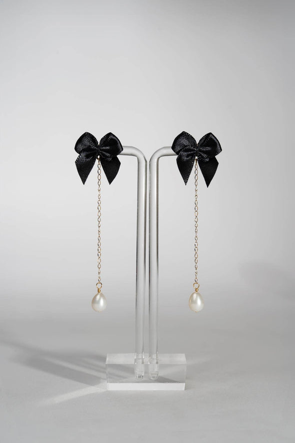 Satin Bow & Pearl Drop Earrings in Noir