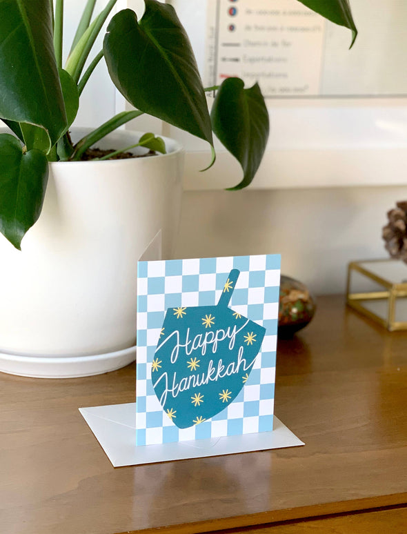 Hanukkah Dreidel Checkered Retro Holiday Card