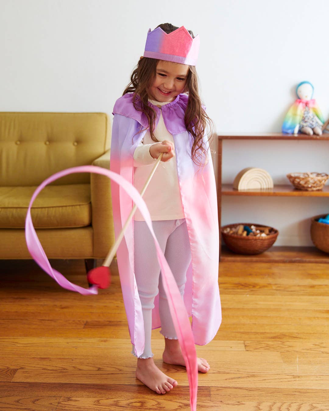 Pink & Purple Silk & Wood Streamer - Wand for Pretend Play