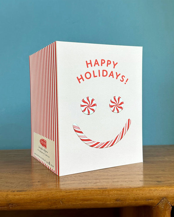 Peppermint Candy Cane Smiley Face Winter Holiday Card