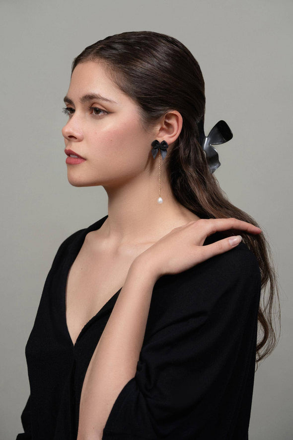 Satin Bow & Pearl Drop Earrings in Noir