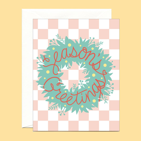 Season's Greetings Wreath Checkered Retro Holiday Card