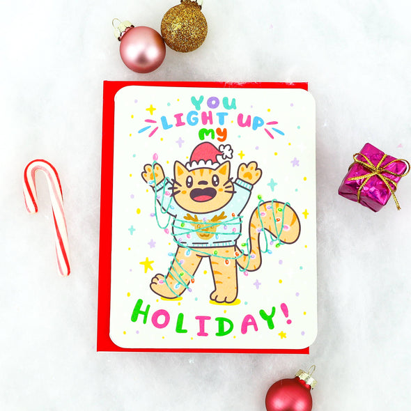 You Light Up My Holiday Christmas Lights Kitty Card