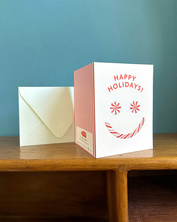 Peppermint Candy Cane Smiley Face Winter Holiday Card