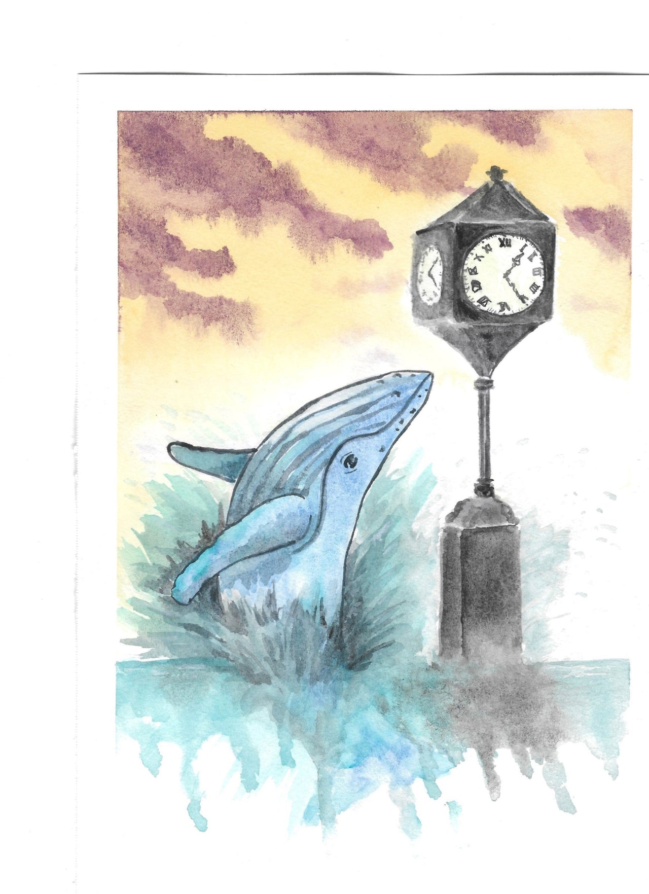 Whale + Clock Watercolor Card