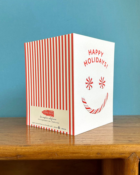 Peppermint Candy Cane Smiley Face Winter Holiday Card