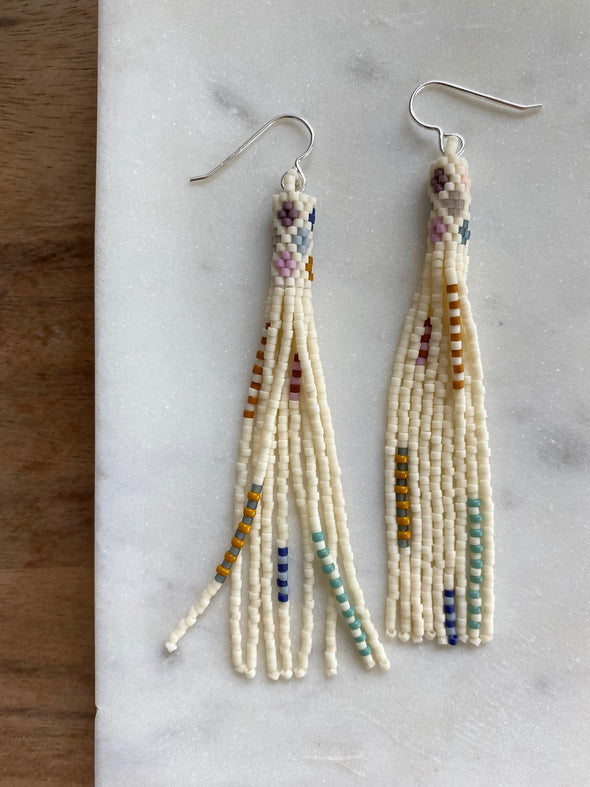 Long Tapestry Earrings- Cream/Silver